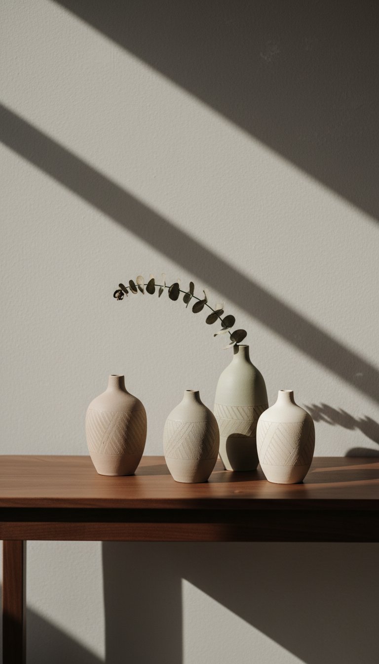 An elegant display of Southern artisan-made ceramic vases with understated matte finishes in pale taupe, sage, and ivory, each vase featuring fine hand-carved linear patterns and delicate organic asymmetry. Arranged atop a smooth walnut console table in a refined boutique setting, the vases are accompanied by a single sprig of dried eucalyptus. Soft afternoon natural light diffuses gently through a nearby window, creating subtle gradients and casting refined shadows across the muted background. The composition is photographed at a slightly elevated angle, centered, with a minimalist, photographic realism that allows the textures and craftsmanship to shine. The mood is sophisticated, inviting, and quietly luxurious, in harmony with Sweetbriar House’s essence.