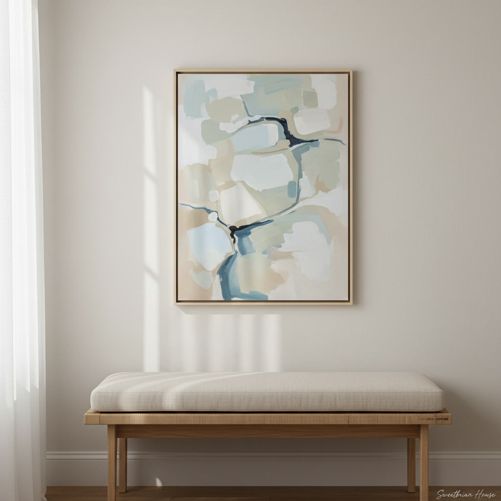 A sophisticated vignette featuring a slender framed piece of contemporary Southern fine art, with abstract brush strokes in muted blues, pale greens, and creams. The painting is hung on a smooth, eggshell-finish wall above a simple natural wood bench topped with a single pale linen cushion. Soft midday light falls indirectly through a nearby translucent curtain, illuminating the art and wall with a gentle clarity. Captured straight on at eye level for symmetry, the aesthetic is quiet, elegant, and minimalist—highlighting Sweetbriar House’s dedication to refined curation and thoughtful design.