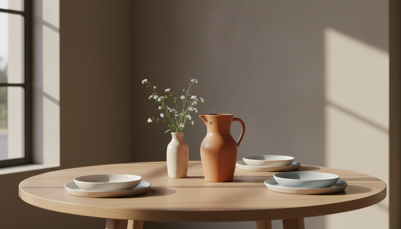 A refined setting of a minimalistic round oak dining table elegantly styled with artisan-made stoneware dinner plates in soft white and pale blue, a hand-thrown terracotta pitcher, and a few sprigs of delicate wildflowers in a slender ceramic vase. The arrangement sits within a subtly textured, light taupe boutique interior, with muted gradients on the walls. Warm golden hour sunlight filters in at an angle, adding gentle warmth and soft highlights across the tabletop and ceramics. Captured at table height with shallow depth of field, the composition emphasizes balance and careful placement, with a clean, photographic minimalist approach exuding timeless Southern grace.