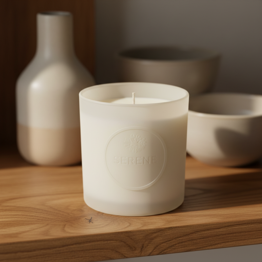 A close-up study of a hand-poured soy candle in a minimalist, frosted ivory glass jar, featuring an unburnt, centered wick and a discreet embossed label. The candle sits on a richly grained oak shelf, with a background of softly blurred neutral-hued artisan pottery. Diffused morning light streams in from the left, producing gentle highlights and delicate, elongated shadows. The image is tightly framed with a shallow depth of field, focusing on the refined matte surfaces and subtle play of light. The mood is serene and calming, adhering to a sophisticated, photographic, and minimalist style that elevates the sensory experience.