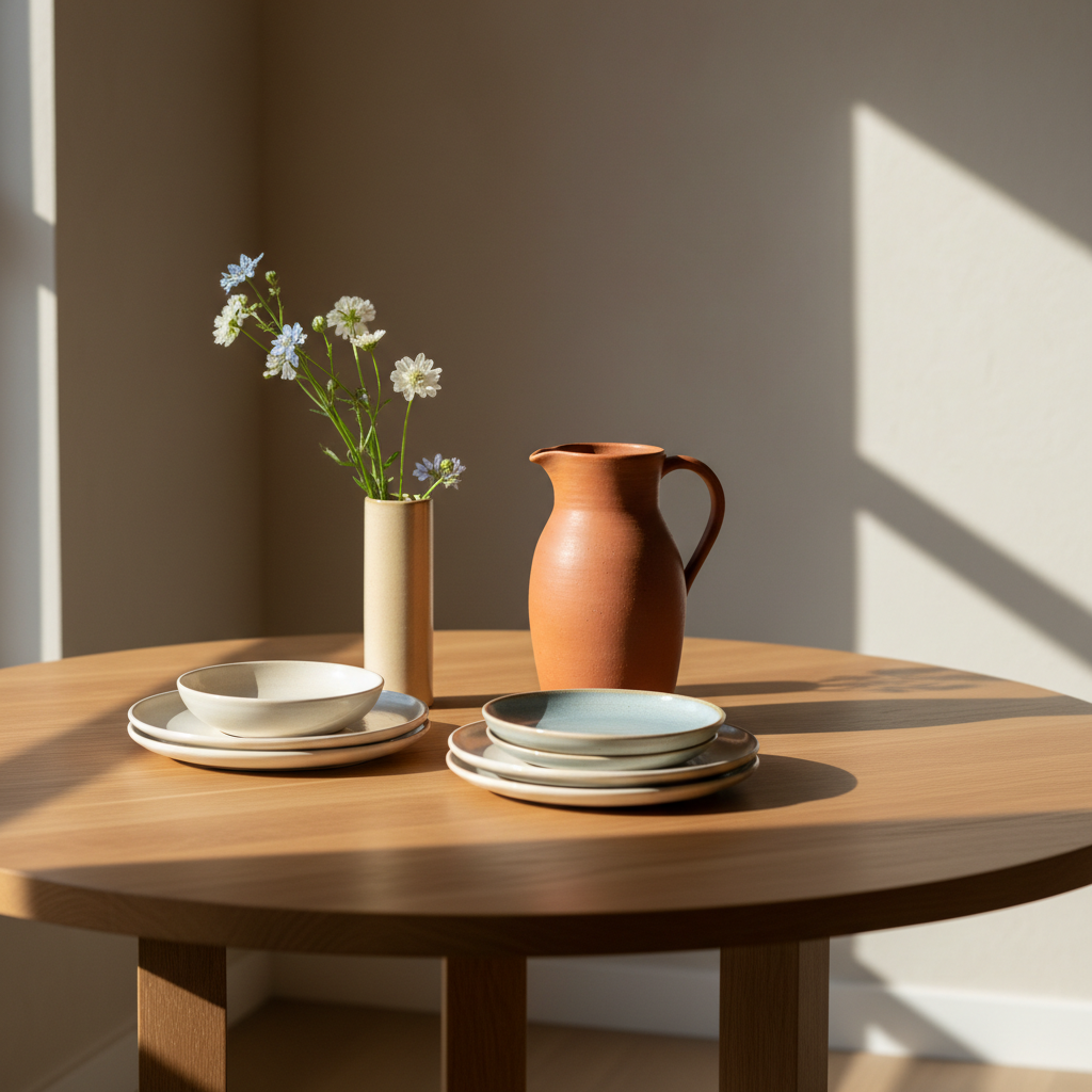 A refined setting of a minimalistic round oak dining table elegantly styled with artisan-made stoneware dinner plates in soft white and pale blue, a hand-thrown terracotta pitcher, and a few sprigs of delicate wildflowers in a slender ceramic vase. The arrangement sits within a subtly textured, light taupe boutique interior, with muted gradients on the walls. Warm golden hour sunlight filters in at an angle, adding gentle warmth and soft highlights across the tabletop and ceramics. Captured at table height with shallow depth of field, the composition emphasizes balance and careful placement, with a clean, photographic minimalist approach exuding timeless Southern grace.
