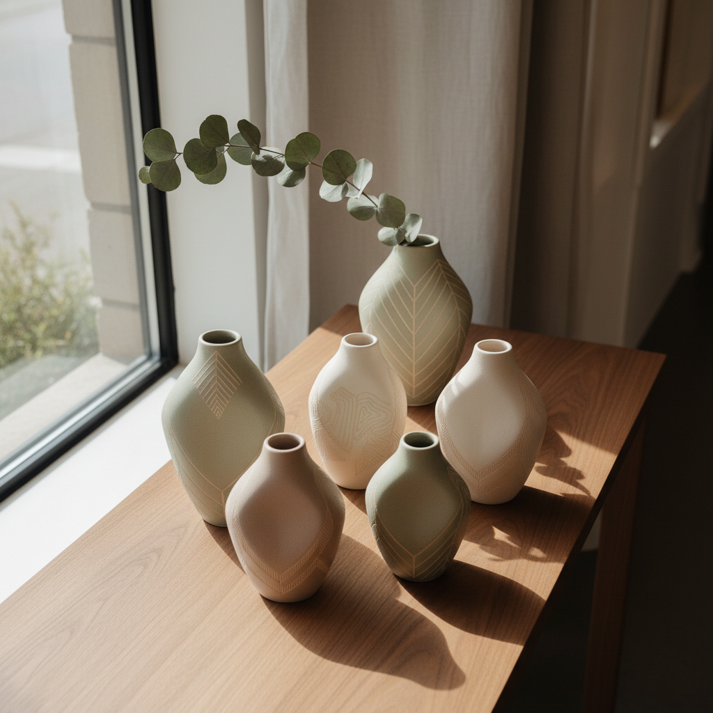 An elegant display of Southern artisan-made ceramic vases with understated matte finishes in pale taupe, sage, and ivory, each vase featuring fine hand-carved linear patterns and delicate organic asymmetry. Arranged atop a smooth walnut console table in a refined boutique setting, the vases are accompanied by a single sprig of dried eucalyptus. Soft afternoon natural light diffuses gently through a nearby window, creating subtle gradients and casting refined shadows across the muted background. The composition is photographed at a slightly elevated angle, centered, with a minimalist, photographic realism that allows the textures and craftsmanship to shine. The mood is sophisticated, inviting, and quietly luxurious, in harmony with Sweetbriar House’s essence.